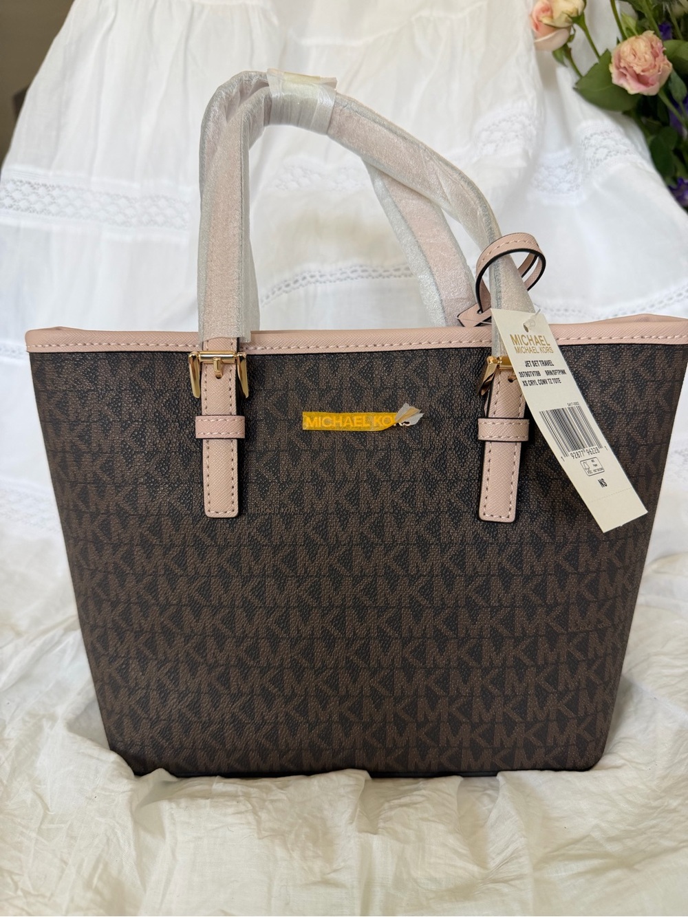 Michael Kors Brown MK Signature Tote with Light Pink Trim